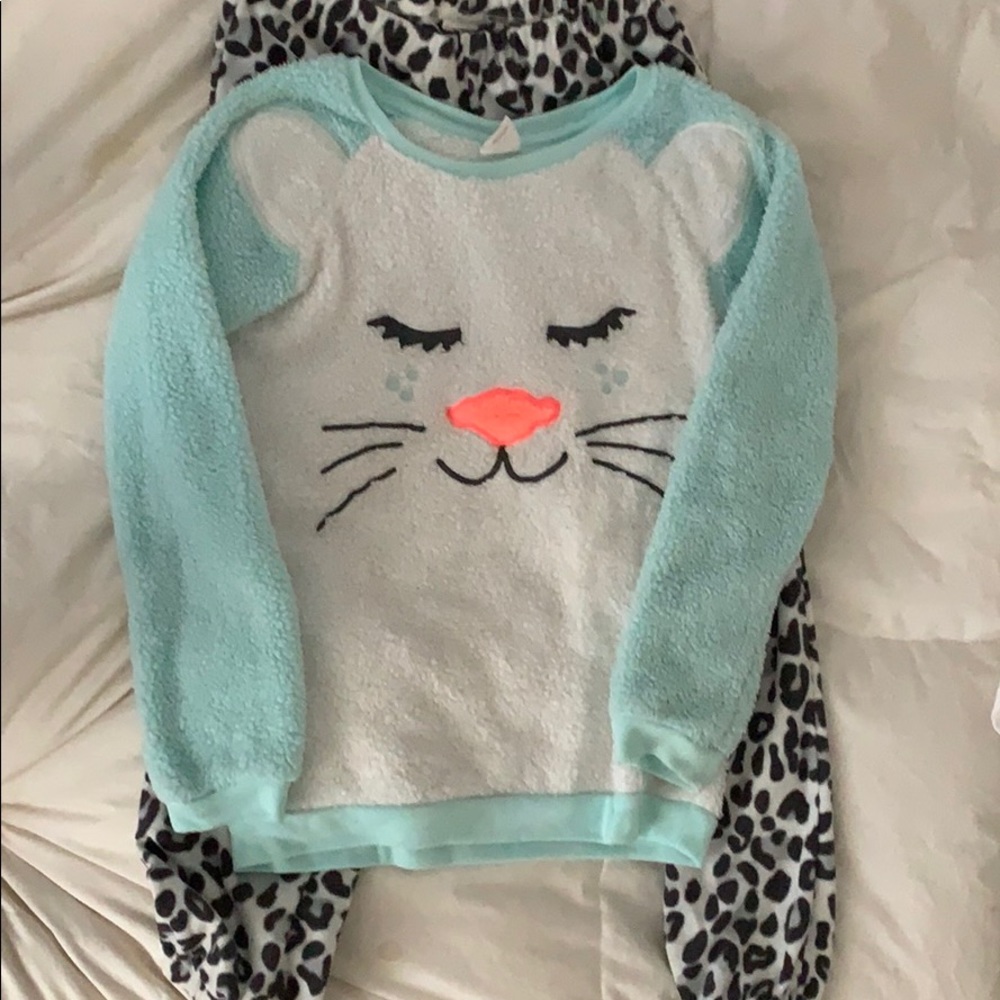Girls Snow Cat snuggly fleece PJ set, size M (7/8)